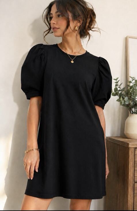 Pomander Place Dresses & Skirts - Pomander Place Black Puff Slv Cotton Shift Dress Lg Minimalist Quiet Luxury